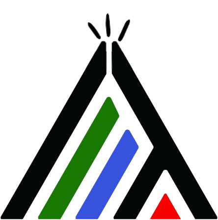 Logo featuring a stylized teepee with colorful triangular shapes in green, blue, black, and red.
